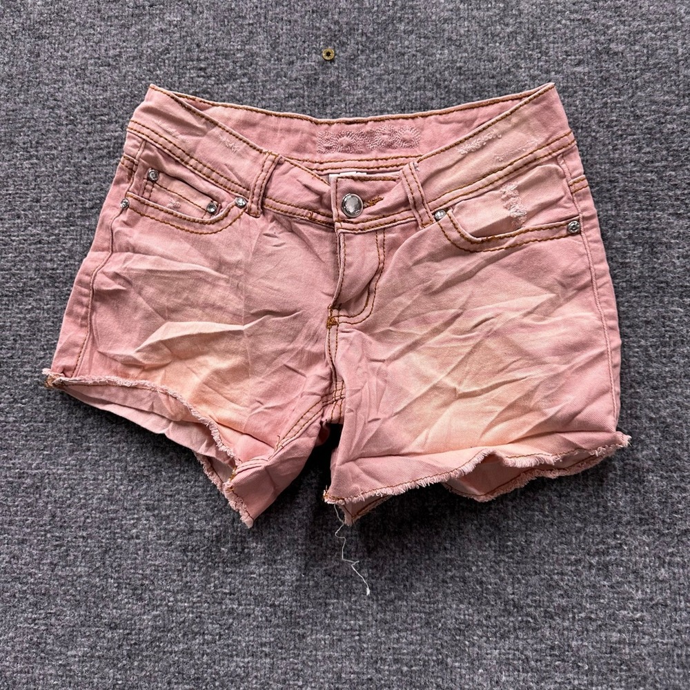 Bongo Denim Shorts Womens Size 3 Pink Raw Hem Rhinestone Pockets Casual Stretch